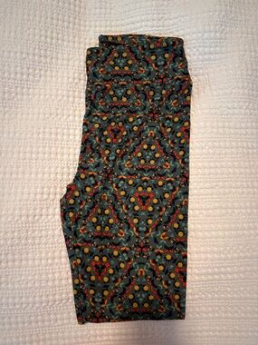 LuLaRoe Leggings in Teal, Orange, Yellow, Black Floral Geometric Print